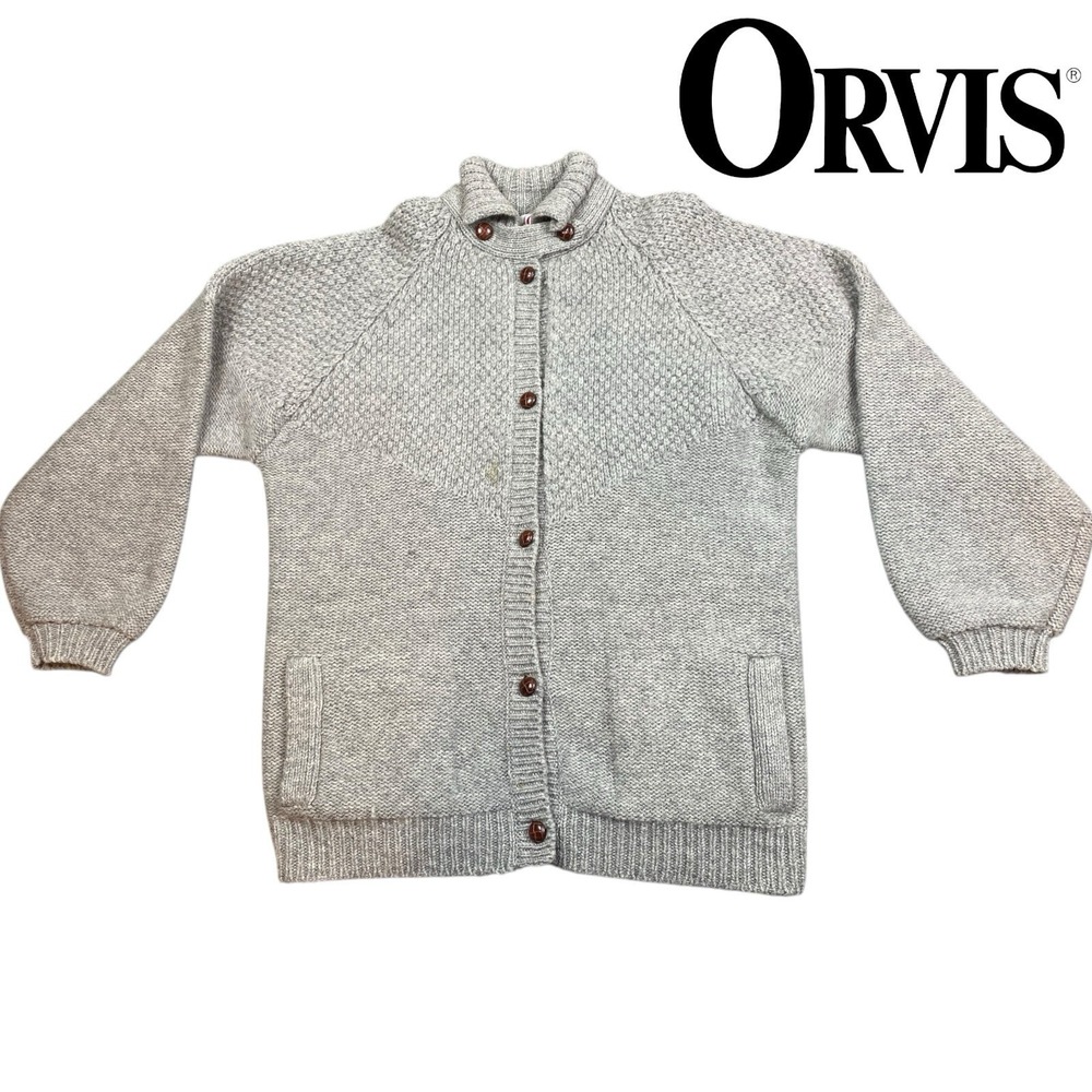 VTG Orvis Cardigan Mens MED 100% Wool‎ Grandpa Sweater Chunky Buttons High Neck